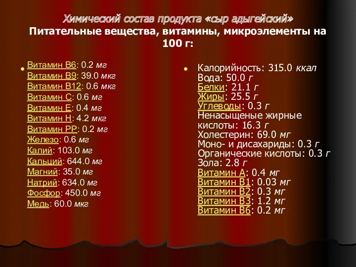 Химический состав продукта «сыр адыгейский» Питательные вещества, витамины, микроэлементы на