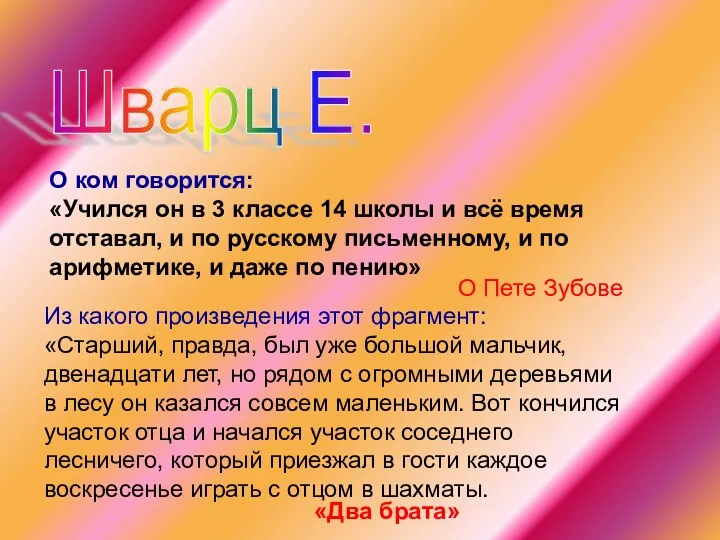 Шварц Е. О Пете Зубове О ком говорится: «Учился он