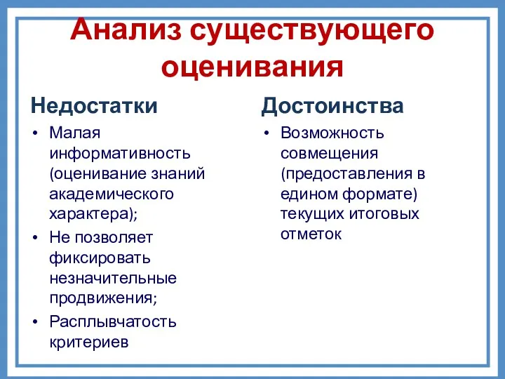 Анализ существующего оценивания Недостатки Малая информативность (оценивание знаний академического характера);