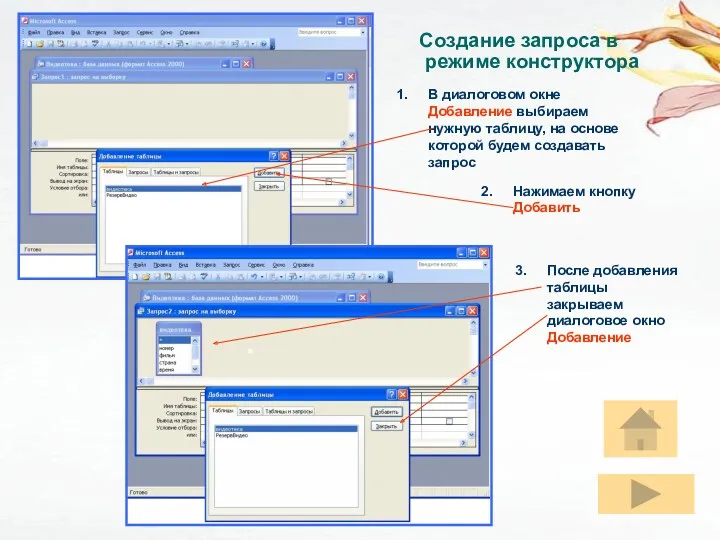 Создание запроса В диалоговом окне Добавление выбираем нужную таблицу, на