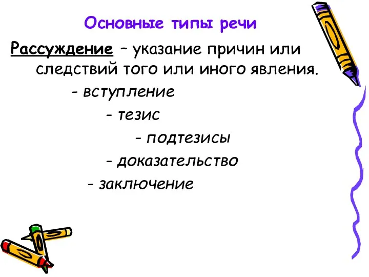 Основные типы речи Рассуждение – указание причин или следствий того