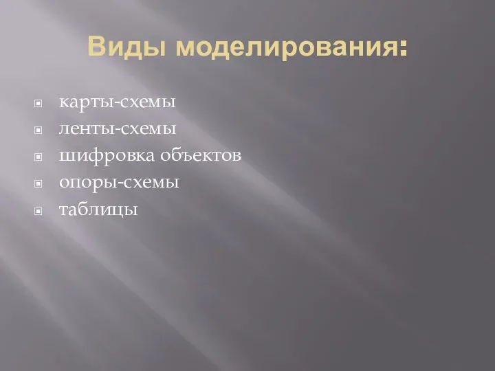 Виды моделирования: карты-схемы ленты-схемы шифровка объектов опоры-схемы таблицы