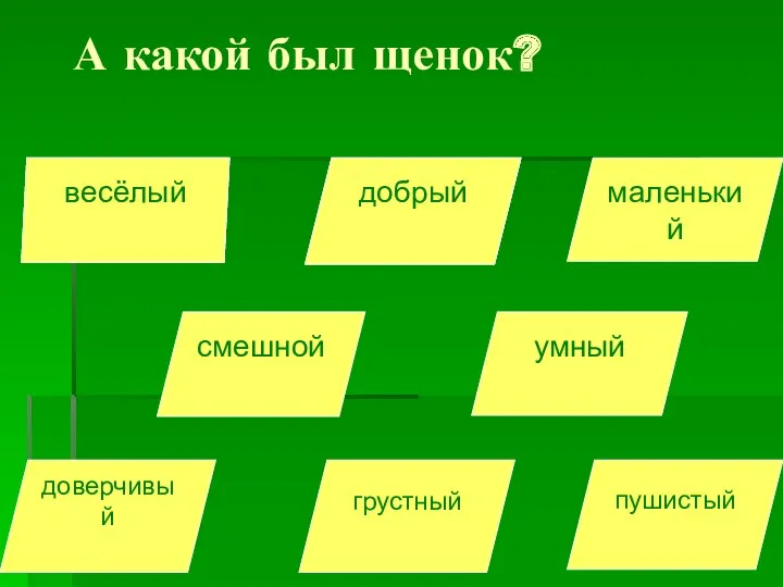 А какой был щенок? добрый весёлый пушистый смешной умный грустный доверчивый маленький добрый весёлый