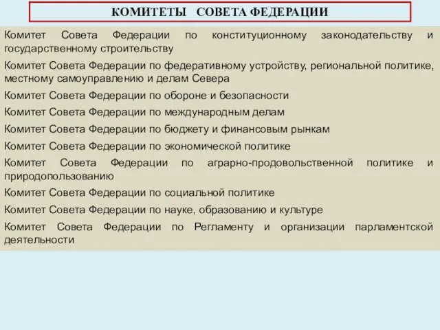 КОМИТЕТЫ СОВЕТА ФЕДЕРАЦИИ Комитет Совета Федерации по конституционному законодательству и государственному строительству Комитет