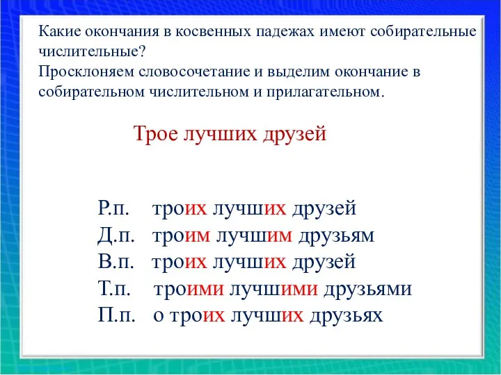 Какие окончания в косвенных падежах имеют собирательные числительные? Просклоняем словосочетание