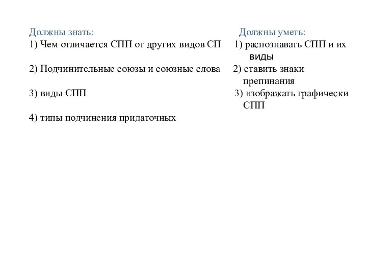 Должны знать: Должны уметь: 1) Чем отличается СПП от других