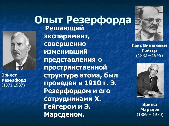 Опыт Резерфорда Эрнест Резерфорд (1871-1937) Ганс Вильгельм Гейгер (1882 –