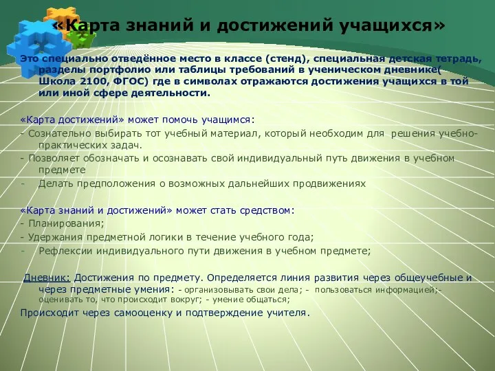 «Карта знаний и достижений учащихся» Это специально отведённое место в