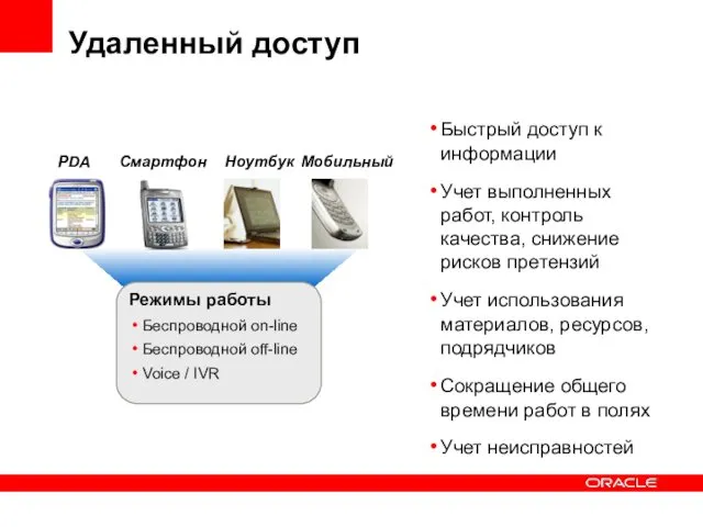 Удаленный доступ Быстрый доступ к информации Учет выполненных работ, контроль