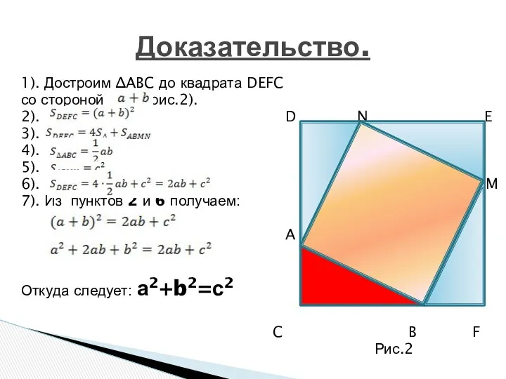 1). Достроим ∆ABC до квадрата DEFC со стороной (рис.2). 2). D N E