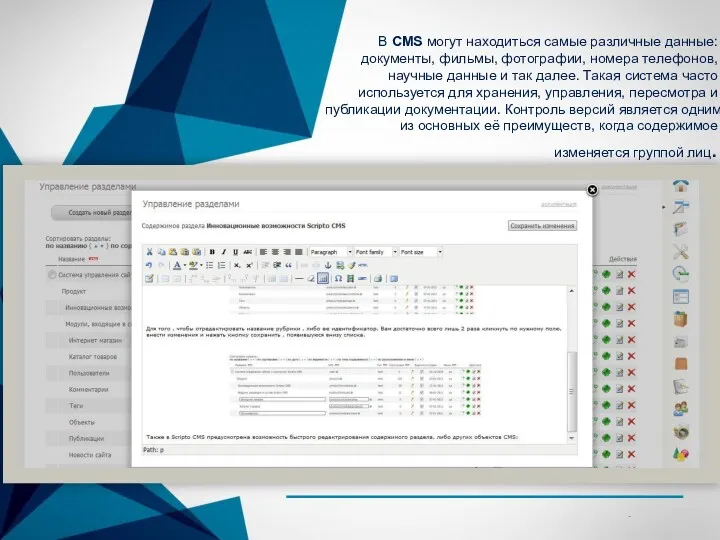 В CMS могут находиться самые различные данные: документы, фильмы, фотографии,