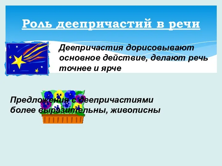 Роль деепричастий в речи Деепричастия дорисовывают основное действие, делают речь