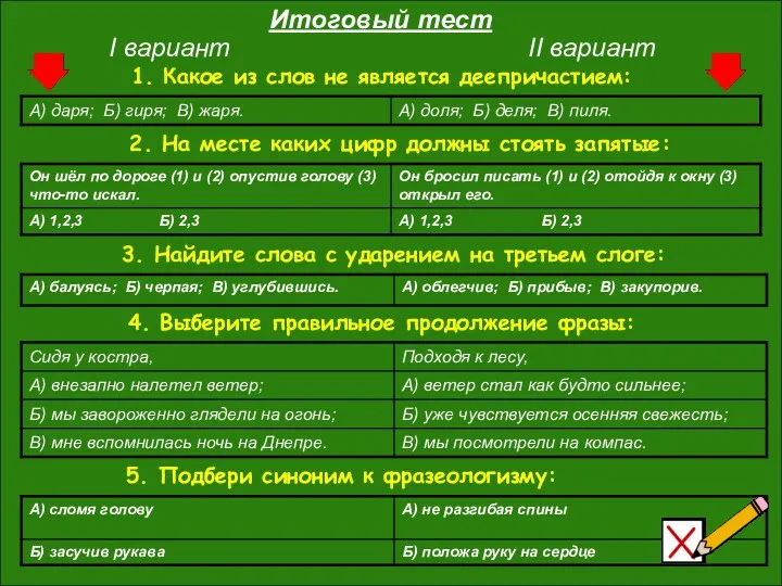 I вариант II вариант Итоговый тест 1. Какое из слов