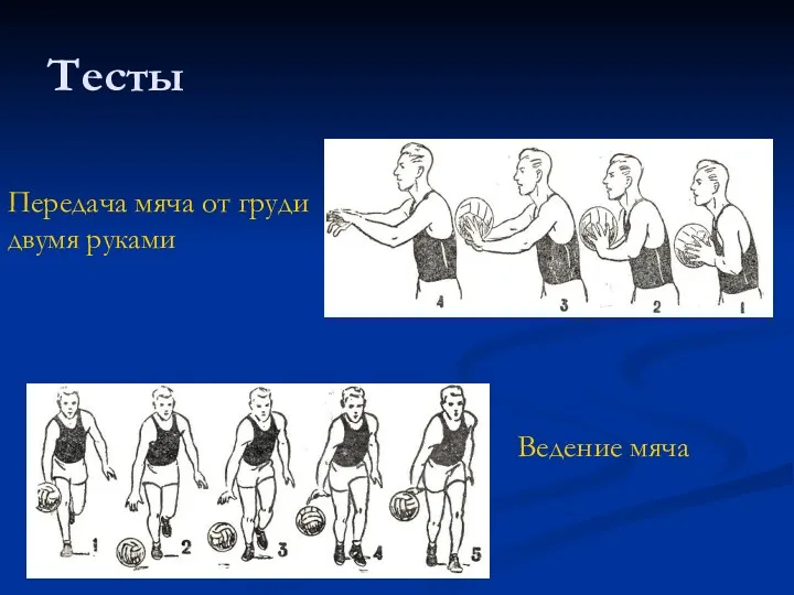 Тесты Передача мяча от груди двумя руками Ведение мяча