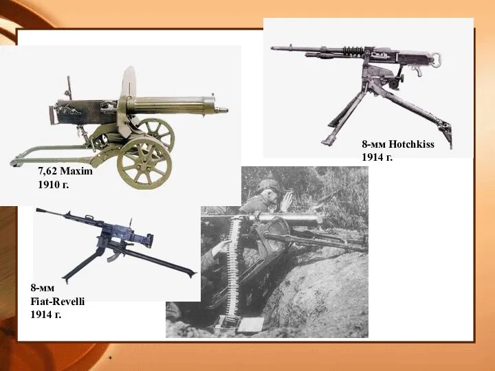* Пулемёты 7,62 Maxim 1910 г. 8-мм Fiat-Revelli 1914 г. 8-мм Hotchkiss 1914 г.
