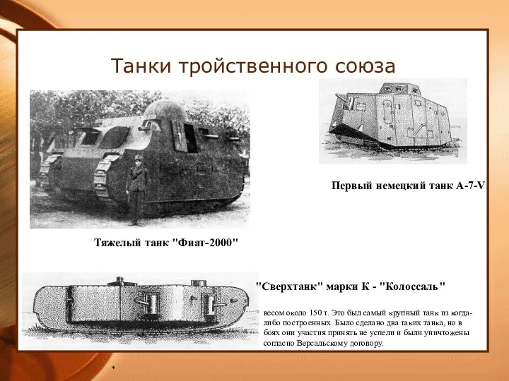 * Танки тройственного союза Первый немецкий танк A-7-V "Сверхтанк" марки К - "Колоссаль"