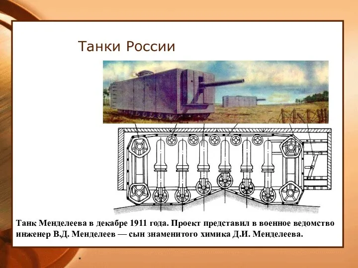* Танки России Танк Менделеева в декабре 1911 года. Проект представил в военное