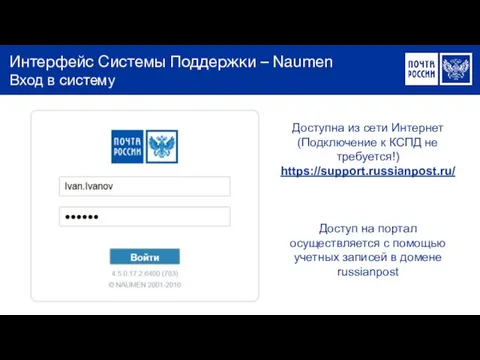 Интерфейс Системы Поддержки – Naumen Вход в систему Доступна из сети Интернет (Подключение