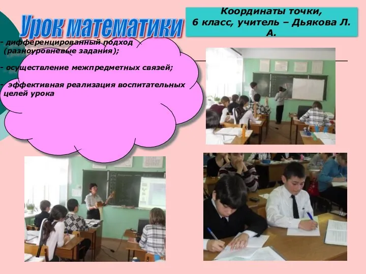 Координаты точки, 6 класс, учитель – Дьякова Л.А. дифференцированный подход (разноуровневые задания); осуществление