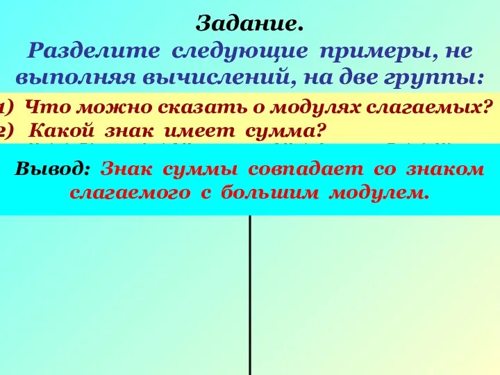 Задание. Разделите следующие примеры, не выполняя вычислений, на две группы: