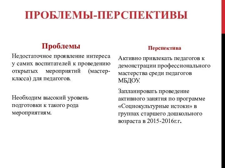 ПРОБЛЕМЫ-ПЕРСПЕКТИВЫ Проблемы Недостаточное проявление интереса у самих воспитателей к проведению