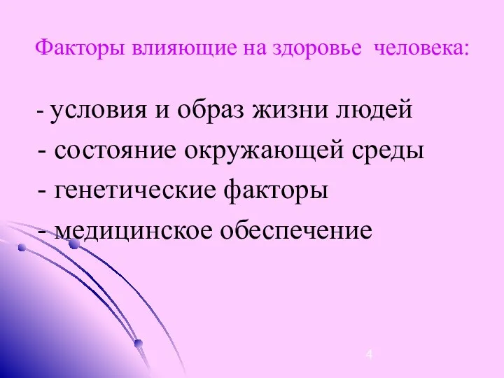 Факторы влияющие на здоровье человека: - условия и образ жизни