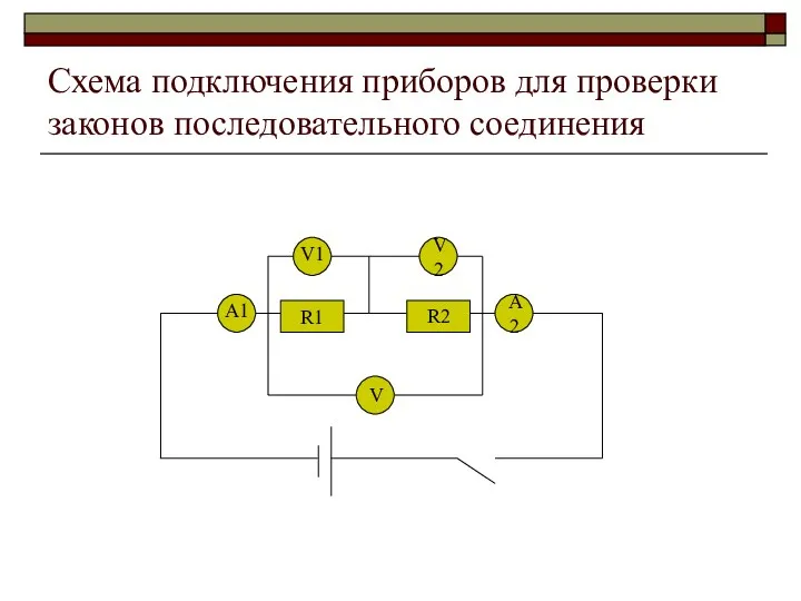 Схема подключения приборов для проверки законов последовательного соединения R1 A2 V2 V V1 A1 R2