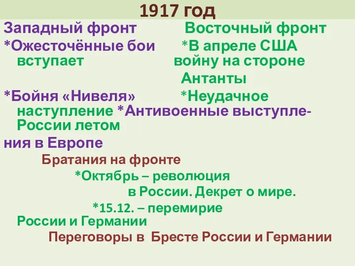 1917 год Западный фронт Восточный фронт *Ожесточённые бои *В апреле США вступает войну