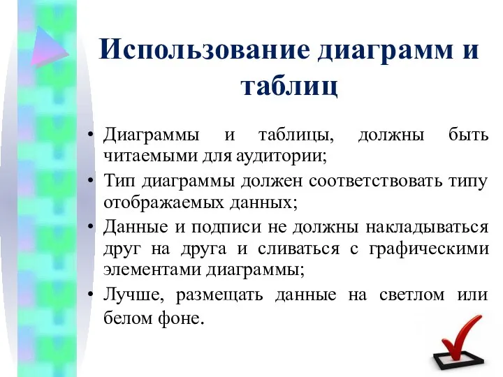 Использование диаграмм и таблиц Диаграммы и таблицы, должны быть читаемыми для аудитории; Тип