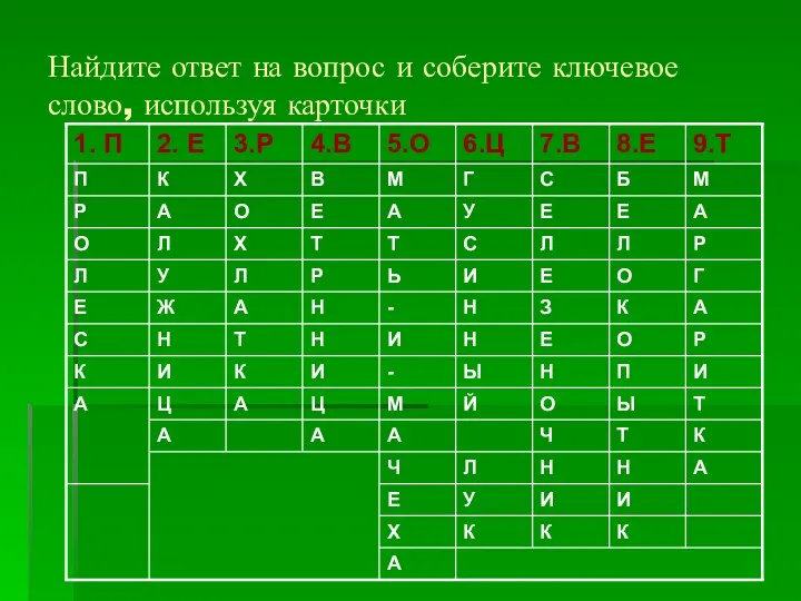 Найдите ответ на вопрос и соберите ключевое слово, используя карточки