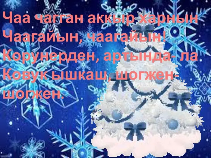 Чаа чагган аккыр харнын Чаагайын, чаагайын! Корунерден, артында- ла Ковук ышкаш, шогжен-шогжен.