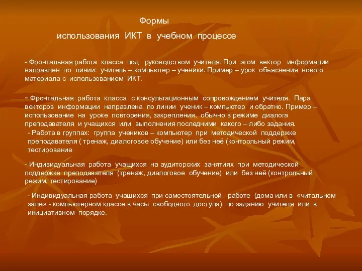 Формы использования ИКТ в учебном процессе - Фронтальная работа класса под руководством учителя.