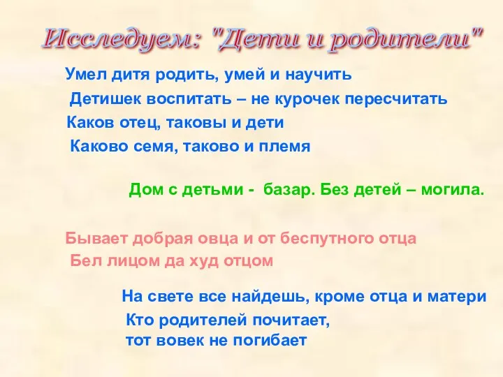 Исследуем: "Дети и родители" Умел дитя родить, умей и научить Детишек воспитать –