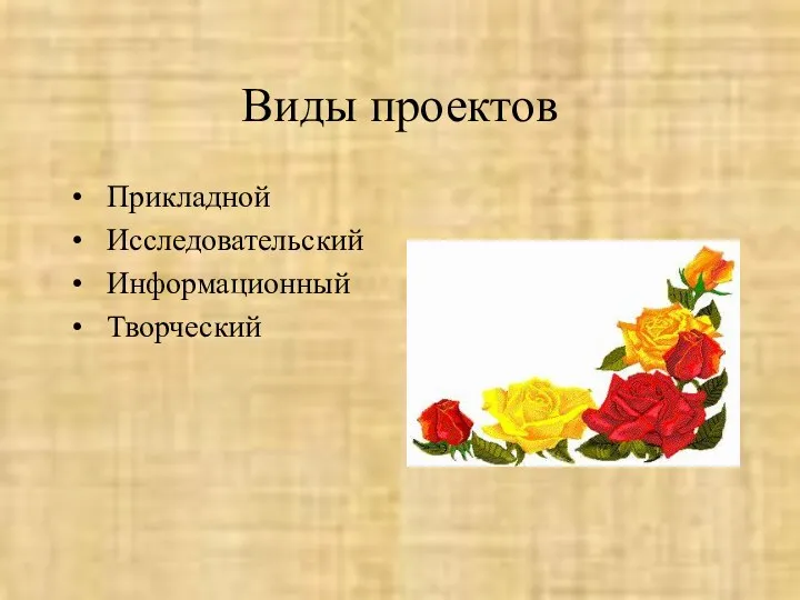 Виды проектов Прикладной Исследовательский Информационный Творческий