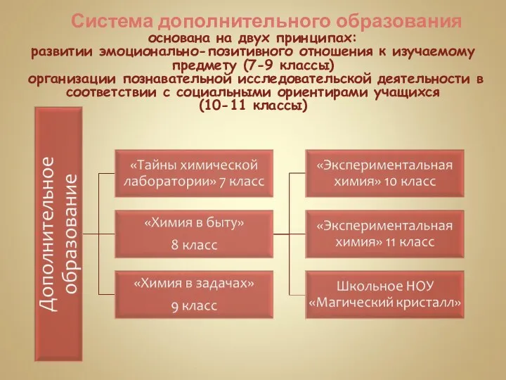 Система дополнительного образования основана на двух принципах: развитии эмоционально-позитивного отношения