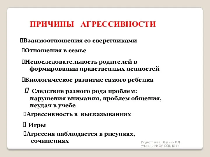 Причины агрессивности Взаимоотношения со сверстниками Отношения в семье Непоследовательность родителей