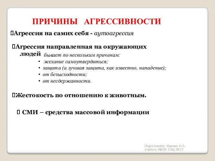 Агрессия на самих себя - аутоагрессия Агрессия направленная на окружающих