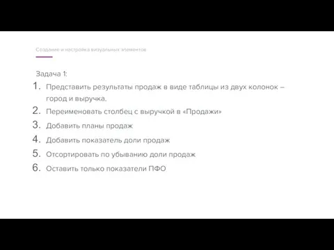 Задача 1: Представить результаты продаж в виде таблицы из двух