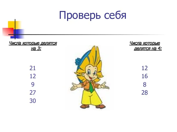 Проверь себя Числа которые делятся на 3: 21 12 9