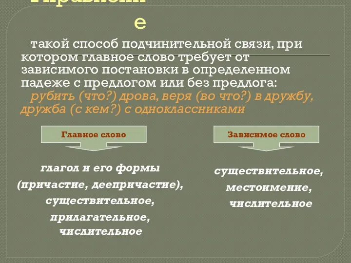 Управление такой способ подчинительной связи, при котором главное слово требует от зависимого постановки