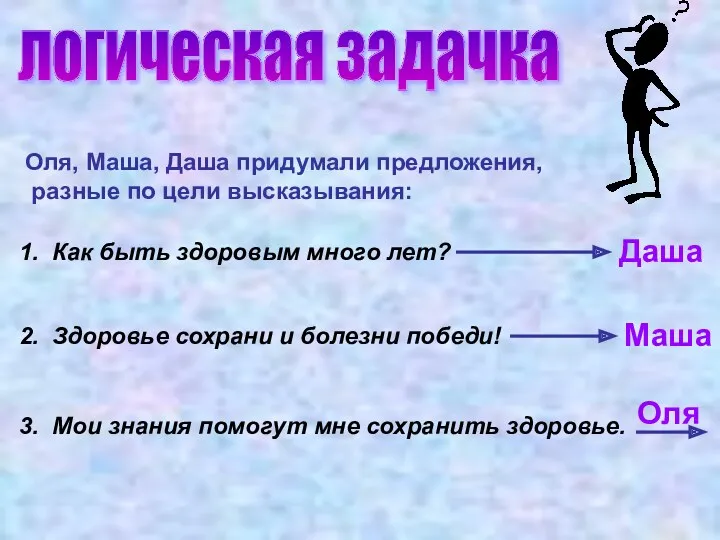 логическая задачка Оля, Маша, Даша придумали предложения, разные по цели