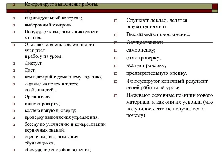 Контролирует выполнение работы. Осуществляет: индивидуальный контроль; выборочный контроль. Побуждает к