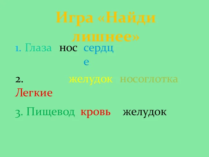 Игра «Найди лишнее» 1. Глаза нос сердце 2. Легкие желудок носоглотка 3. Пищевод кровь желудок