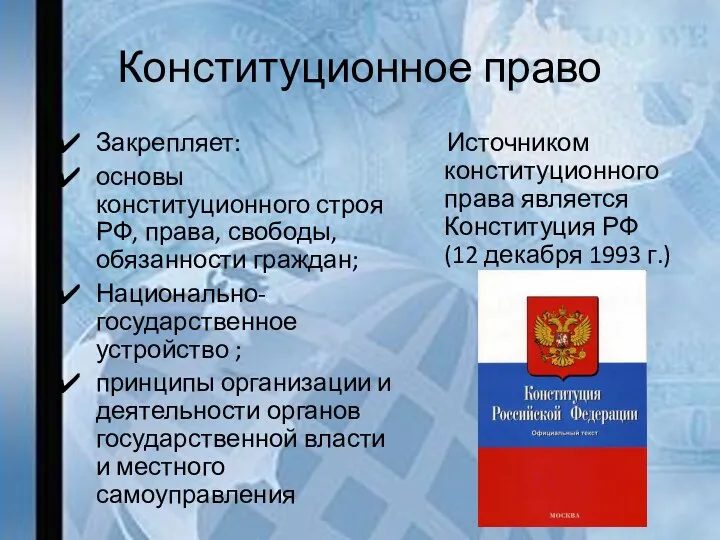 Конституционное право Закрепляет: основы конституционного строя РФ, права, свободы, обязанности