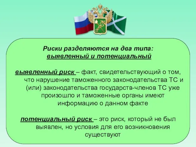 Риски разделяются на два типа: выявленный и потенциальный выявленный риск