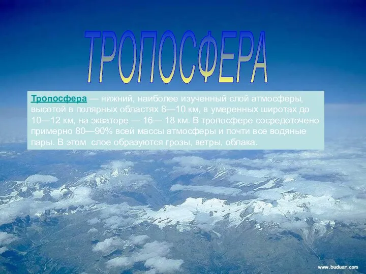 ТРОПОСФЕРА Тропосфера — нижний, наиболее изученный слой атмосферы, высотой в