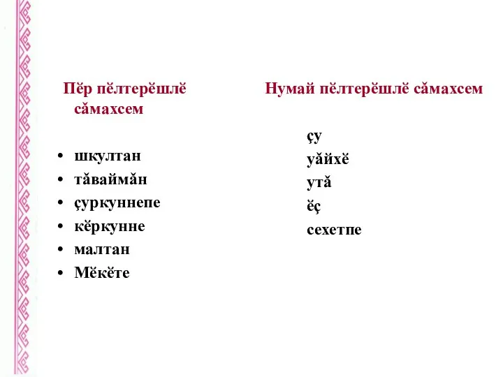 Пӗр пӗлтерӗшлӗ сǎмахсем шкултан тǎваймǎн çуркуннепе кӗркунне малтан Мӗкӗте Нумай