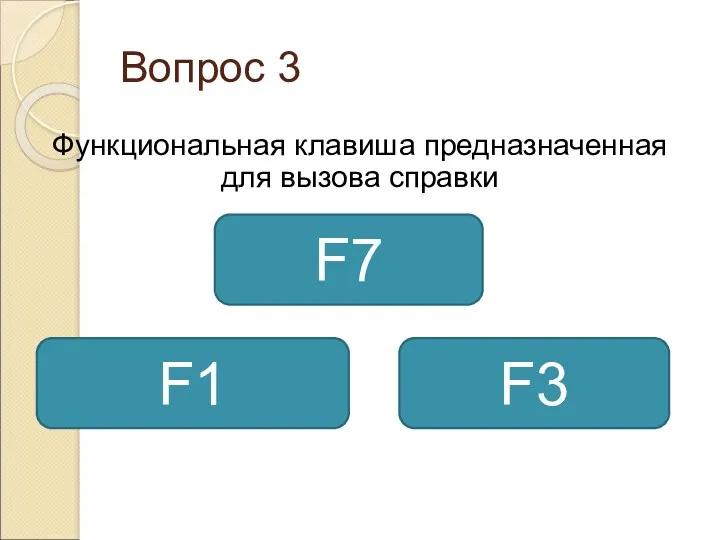 Вопрос 3 Функциональная клавиша предназначенная для вызова справки F1 F3 F7