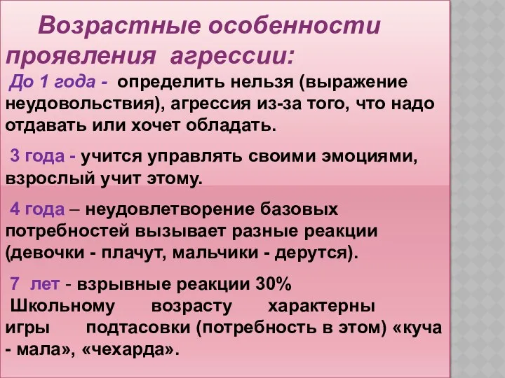 Возрастные особенности проявления агрессии: До 1 года - определить нельзя