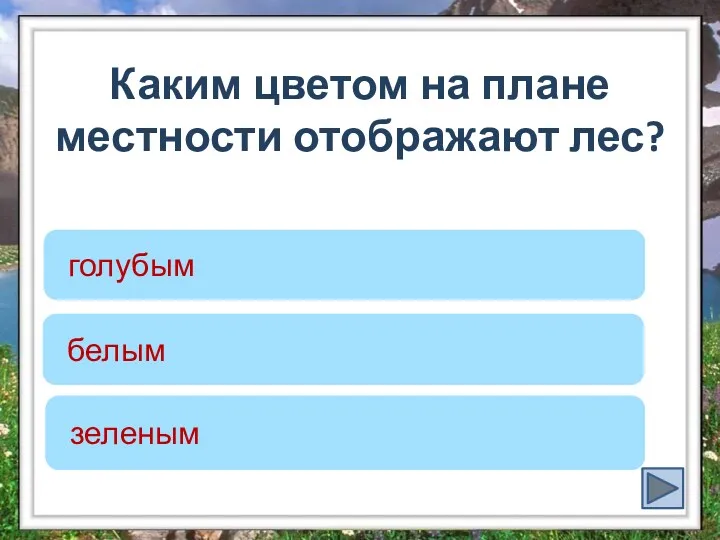 Каким цветом на плане местности отображают лес? зеленым голубым белым